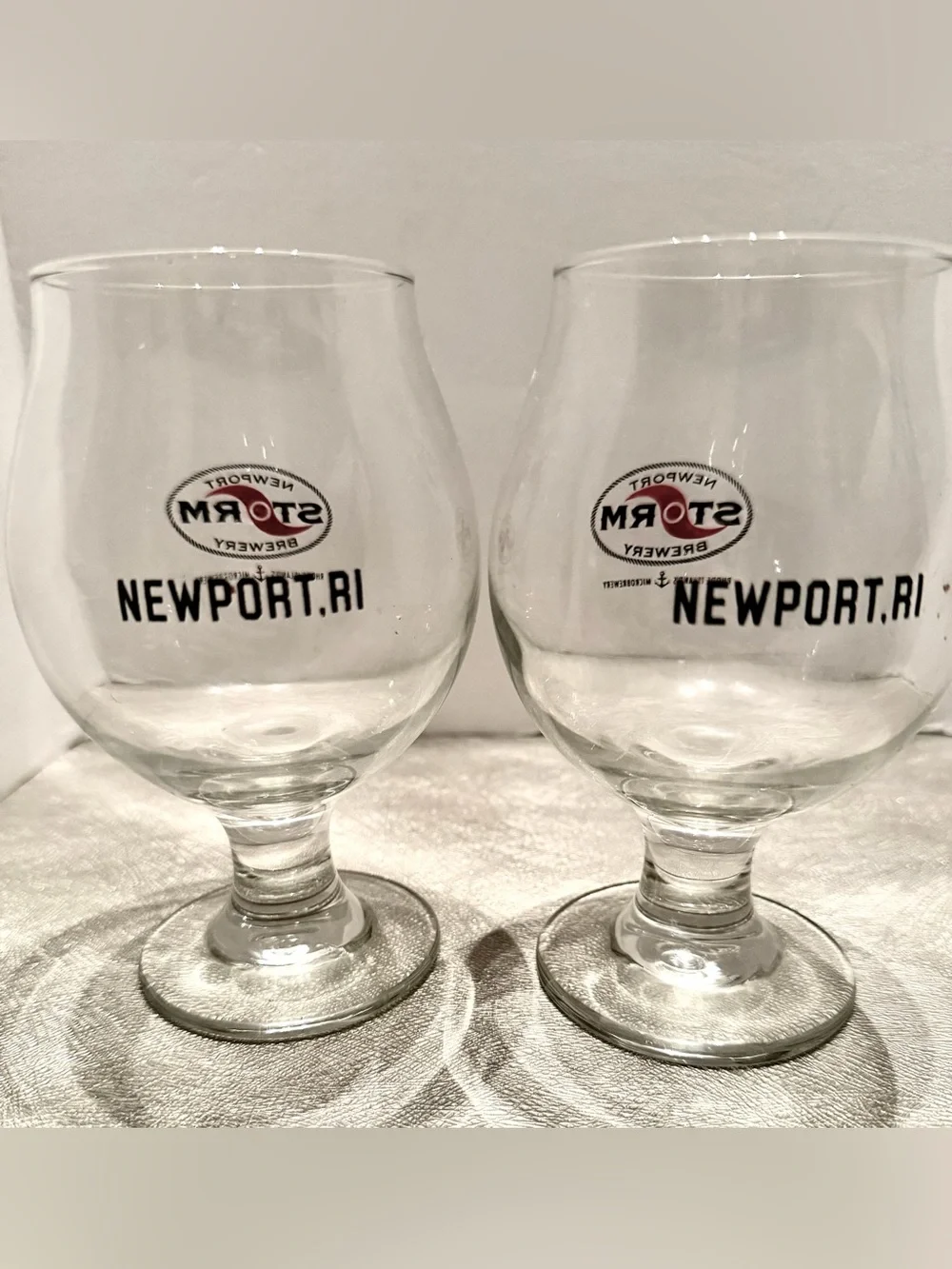 Newport Storm Brewery Branded Goblet Glasses with Red & Black Logo
